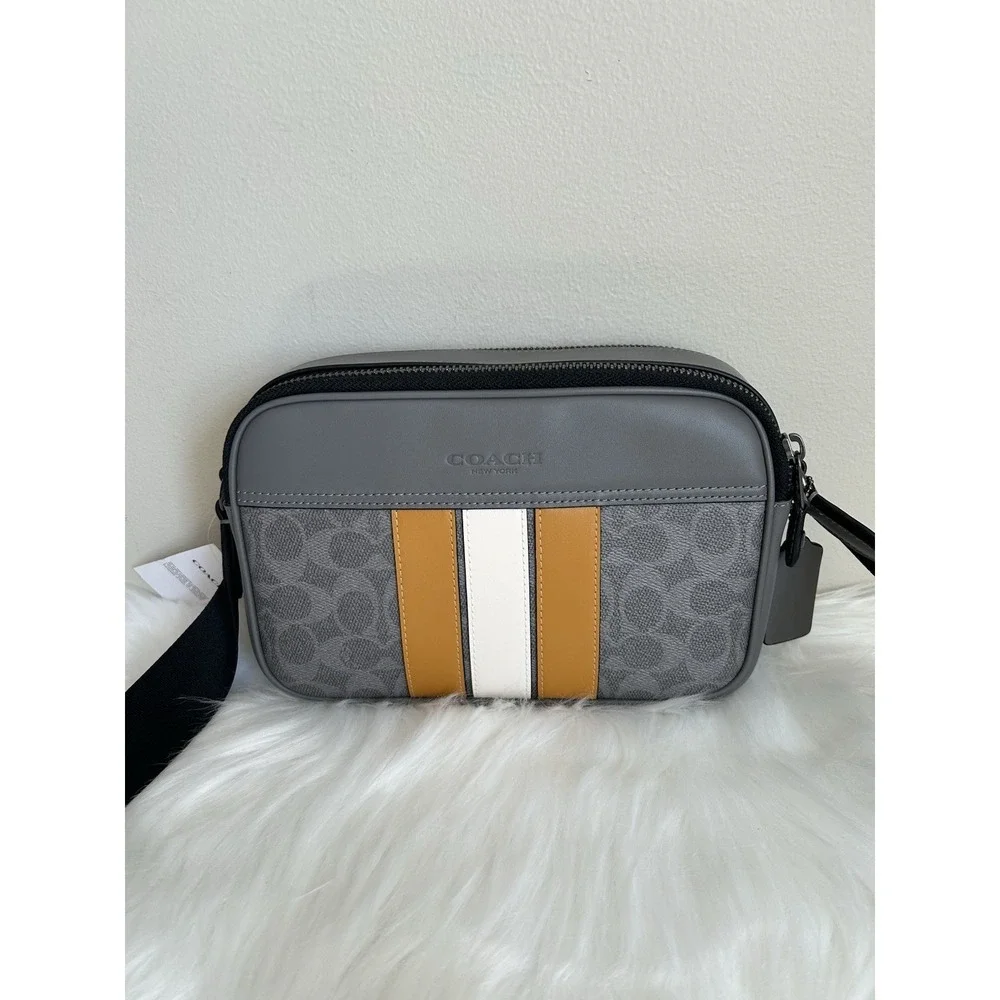 Coach Graham Grey Ochre Signature Canvas Varsity Stripe‎ Crossbody Bag NEW